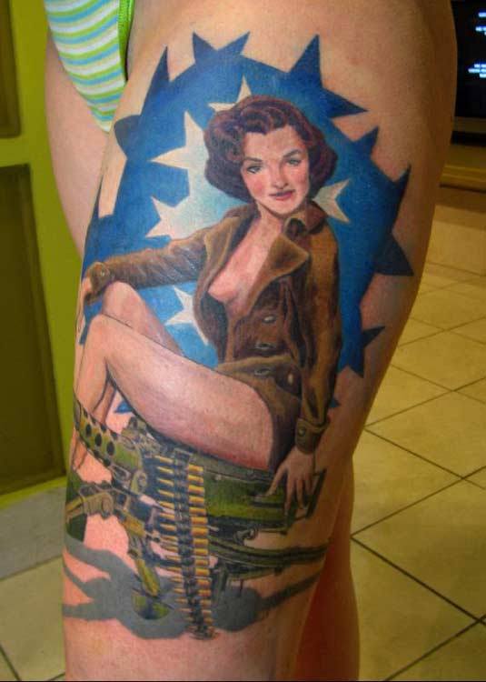 Army_Pin_Up_Girl_And_Plane_Tattoos_On_Arm_1